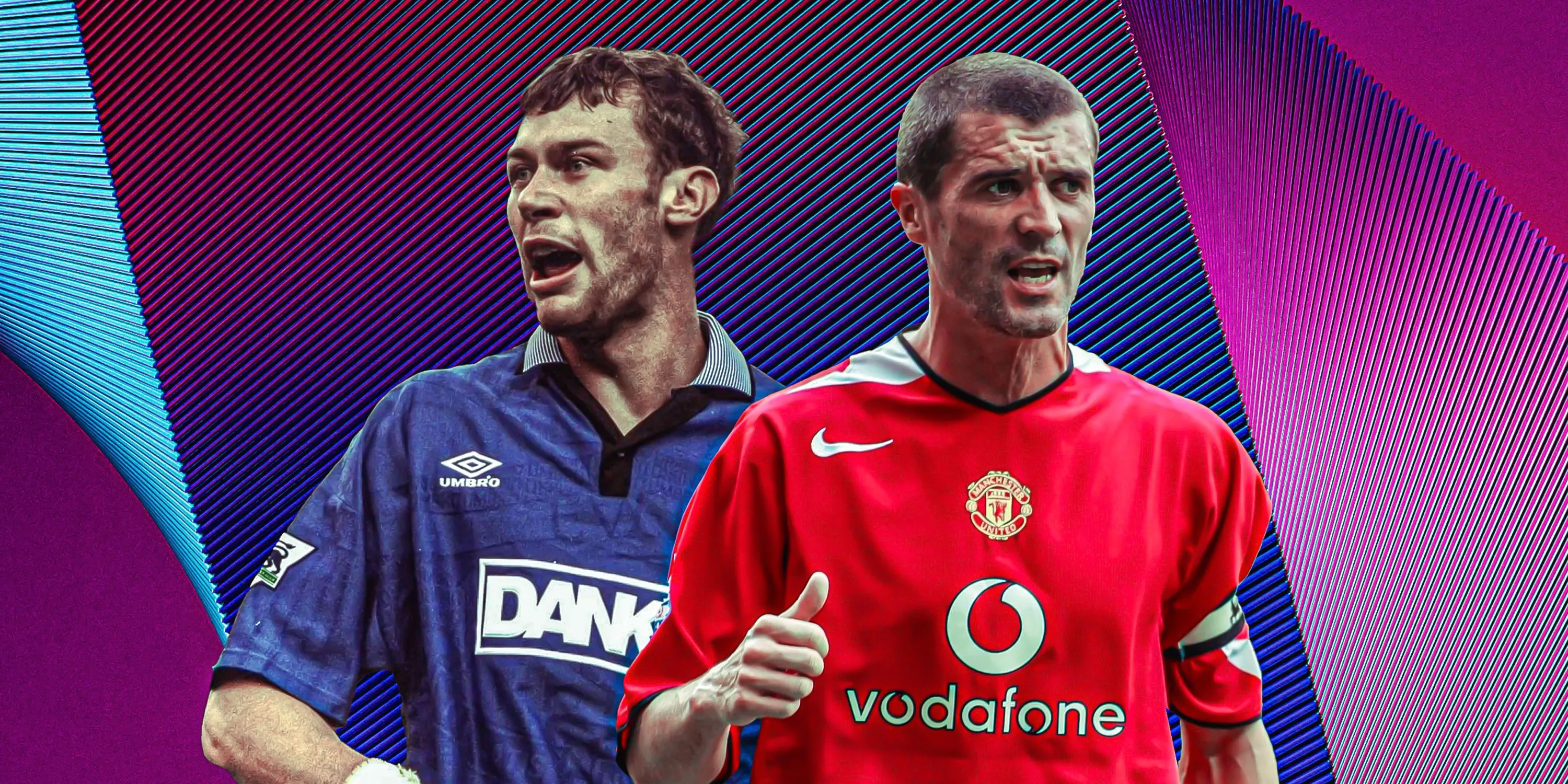Roy Keane đối đầu Duncan Ferguson, hai trong số những cầu thủ rắn nhất kỷ nguyên bóng đá Anh Premier League.