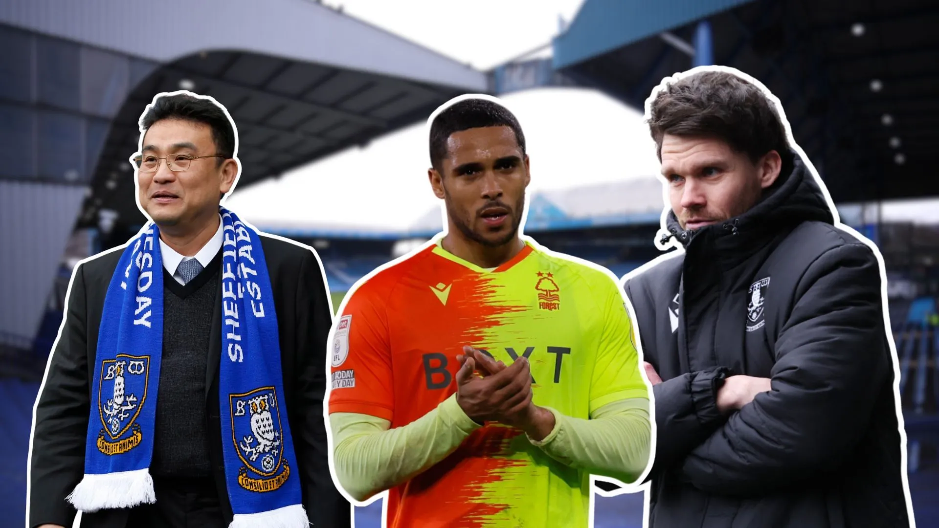 Chủ tịch Dejphon Chansiri (trái), cầu thủ Max Lowe (giữa) và HLV Danny Rohl (phải) tại sân Hillsborough của Sheffield Wednesday